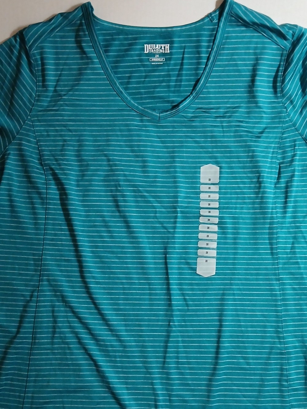 Duluth Trading Co Teal & White Stripe V-Neck Short Sleeve Tee